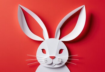 Obraz premium White paper rabbit with detailed whiskers and long ears crafted on a vibrant red background, symbolizing creativity and design