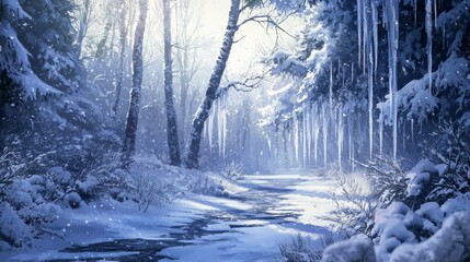Naklejka premium Serene Winter Forest Landscape with Snow and Icicles at Dawn