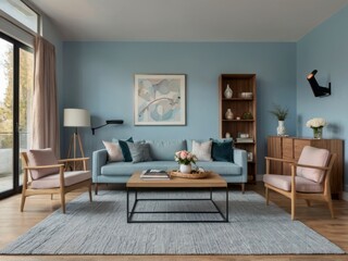 Fototapeta premium Serene Living Room With Light Blue Walls And Modern Furniture