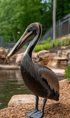 Brown pelican stands on pebbles near water, surrounded by lush greenery, showcasing its unique features in a tranquil garden.