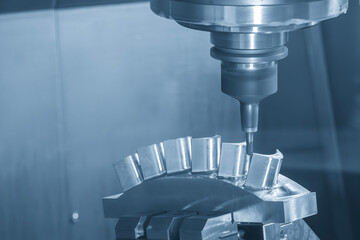 The 5-axis CNC milling machine  cutting the turbine blade part with solid ball end mill tool.