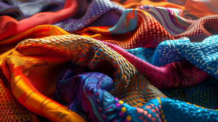 Naklejka premium Vibrant and colorful fabric textures draped artistically, showcasing intricate patterns and hues
