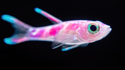 Pink translucent fish swims in dark water