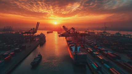 Fototapeta premium Container truck in ship port for business Logistics and transportation of Container Cargo ship and Cargo plane with working crane bridge in shipyard at sunrise, logistic import export and transport