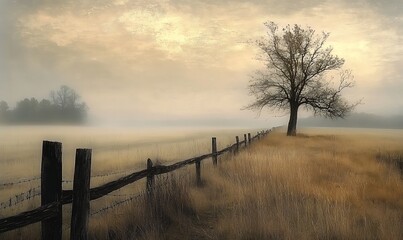 Fototapeta premium A serene landscape at dawn with a solitary tree and a rustic fence in a misty field. Silhouette of bare tree on field against sky during sunset