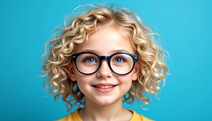 Happy curly blonde girl with bright blue eyes and stylish glasses, smiling confidently against a rich turquoise background.