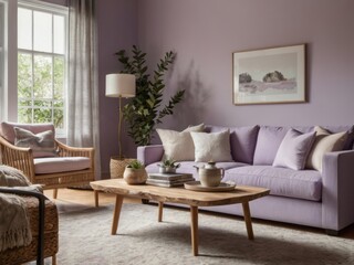 Fototapeta premium Lavender Living Room With Natural Wood Accents