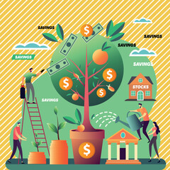 Savings and investments vector illustration. A tree that grows money. Business and teamwork concept. Stocks and bank. A colorful composition about making money. Action promotion and advertising mockup
