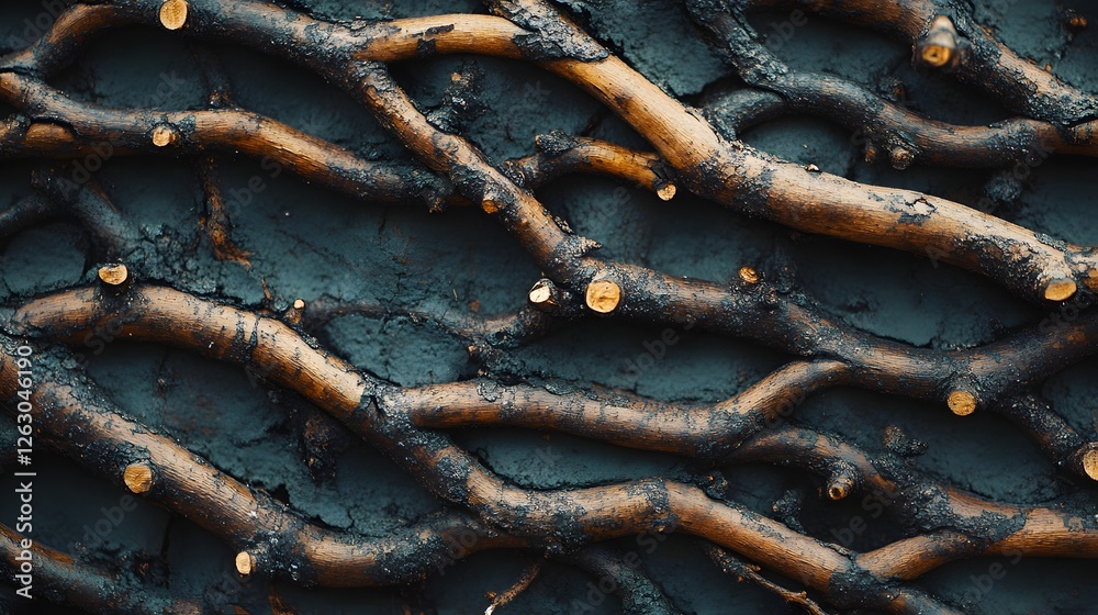 Aufkleber close-up of intricately woven wooden branches creating a textured wall art piece. dark and moody aes