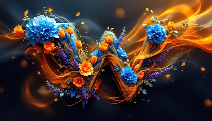 Floral Letter W Design Orange Blue Flowers Abstract Art