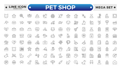 Set of pet shop icons, dog, cat, puppy, animals. Pet, vet, pet shop, types of pets - minimal thin line web icon set. Editable stroke outline icon.