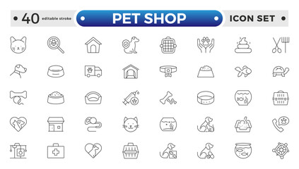 Set of pet shop icons, dog, cat, puppy, animals. Pet, vet, pet shop, types of pets - minimal thin line web icon set. Editable stroke outline icon.