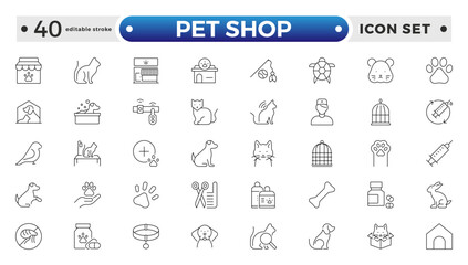 Set of pet shop icons, dog, cat, puppy, animals. Pet, vet, pet shop, types of pets - minimal thin line web icon set. Editable stroke outline icon.