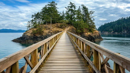 Obraz premium Scenic wooden walkway stretching toward a small, tree-covered island, isolated and serene