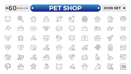 Set of pet shop icons, dog, cat, puppy, animals. Pet, vet, pet shop, types of pets - minimal thin line web icon set. Editable stroke outline icon.