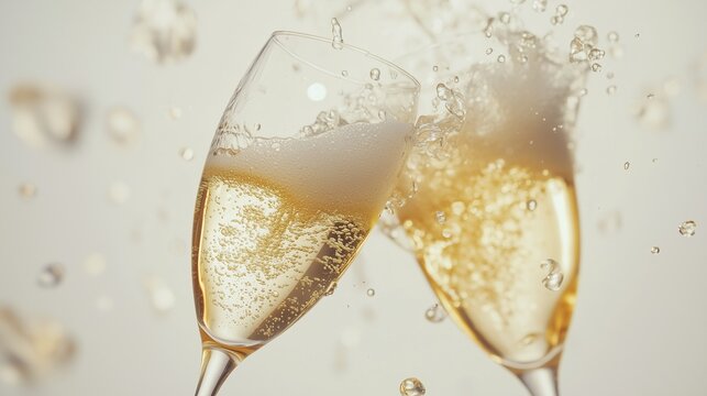 Two champagne flutes are being splashed with water. A champagne glass clinking with bubbles. A festive party for the new year. Water is being splashed onto lifestyle two champagne flutes. - Powered by Adobe
