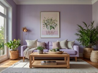 Fototapeta premium Lavender Living Room Decor Featuring Plants and Soft Furnishings