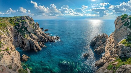 Fototapeta premium Serene Coastal Landscape with Rocky Shores and Calm Ocean Waters