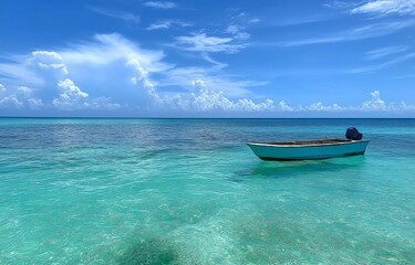 Naklejka premium A lone boat with a person floating contentedly on the ocean during the day is surrounded by calm waters and tranquil skies.