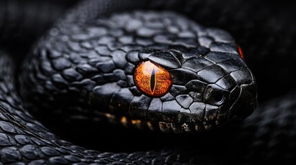 Black snake close-up, dark background, wildlife, reptile, nature photography, poster