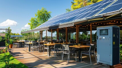 A modern outdoor restaurant features solar panels, wooden decking, and seating, surrounded by greenery under a clear blue sky.