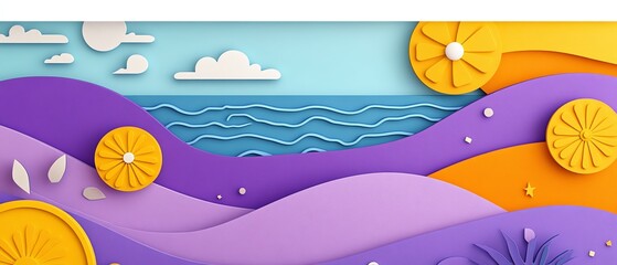 Vibrant Summer Landscape Papercut Style Art sun blue card wall cute   