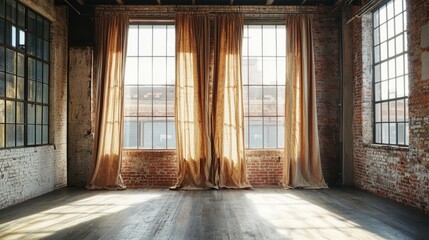 Elegant Room with Tall Windows and Flowing Curtains in Natural Light