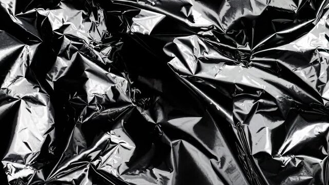Close-up of crumpled black foil texture, creating an abstract, shiny surface. Shot from above, ideal for a modern, edgy video background.