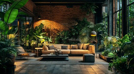 Obraz premium Cozy Living Room Surrounded by Lush Indoor Plants and Natural Light