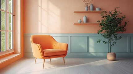 Fototapeta premium Modern Scandinavian Living Room with Cozy Peach Armchair Natural Light and Minimalist Decor