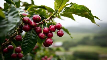 Obraz premium Ripe Red Coffee Cherries on Lush Green Branches Coffee Farm Close-Up Shot Tropical Environment Natural Beauty