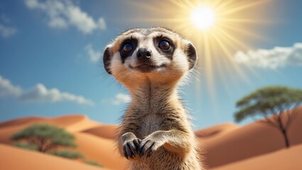 A Cute Meerkat Standing Tall in the Desert with a Bright Sky and Desert Background.