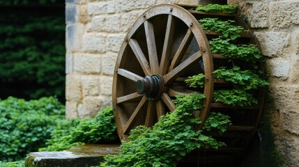 Obraz premium Moss-covered water wheel stands beside a table set for beer amid lush greenery in the French countryside