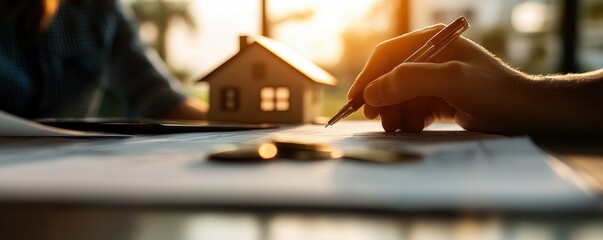 A person is signing documents with a model house and coins on the table, symbolizing real estate transactions or home buying.