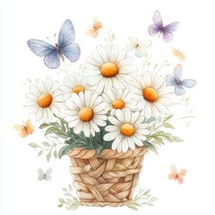 Whimsical Watercolor Bouquet of Daisies and Butterflies in a Woven Basket