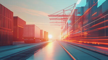 Container truck in ship port for business Logistics and transportation of Container Cargo ship and Cargo plane with working crane bridge in shipyard at sunrise, logistic import export and transport

