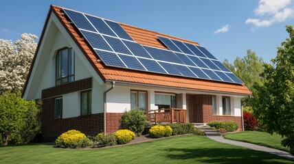 Fototapeta premium A modern house with solar panels on the roof, surrounded by greenery and flowering shrubs under a clear blue sky.