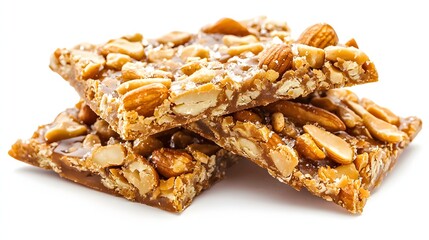 Close-up of crispy peanut brittle stacked isolated on white background. Sweet caramel-coated nuts in classic candy treat of traditional desserts, holiday sweets and confectionery delights