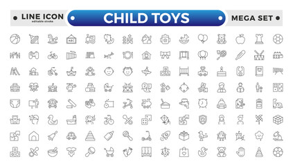Child Toys, Baby, children and child outline icon set. Newborn, diaper, baby bottle, crib, pacifier, toy, pin, bib, first days of life, supplies, healthcare. Editable stroke outline icon.