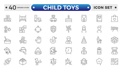 Child Toys, Baby, children and child outline icon set. Newborn, diaper, baby bottle, crib, pacifier, toy, pin, bib, first days of life, supplies, healthcare. Editable stroke outline icon.