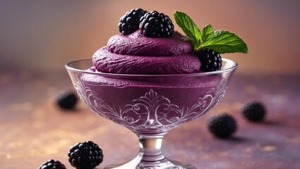 Indulge in the delightful experience of enjoying delicious blackberry mousse served in a glass
