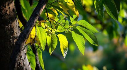 Fototapeta premium Vibrant green leaves illuminated by sunlight on a tree branch – ideal for ecology, growth, and natural backgrounds