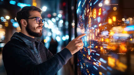 Obraz premium man interacts with holographic display in digital marketplace, showcasing vibrant visuals and technology. scene conveys innovation and engagement in modern environment