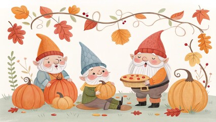 Fototapeta premium Autumn Gnomes Watercolor Illustration Three Gnomes with Pumpkins and Pie, Fall Harvest, Gnomes, Pumpkins, Autumn Gnomes, Fall Harvest