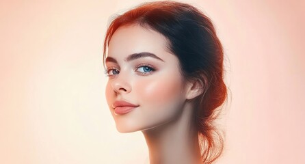Fototapeta premium Beautiful young woman with clear skin touching her face in a serene spa setting with gentle light