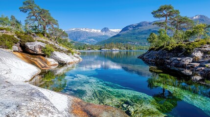Fototapeta premium Crystal-clear lake reflects mountains, Norway. Peaceful travel landscape