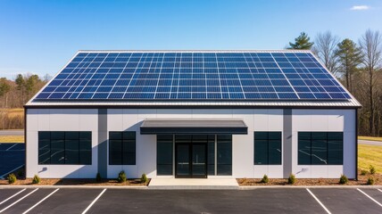 Fototapeta premium A modern building featuring a roof covered with solar panels, surrounded by a parking area and trees in the background.