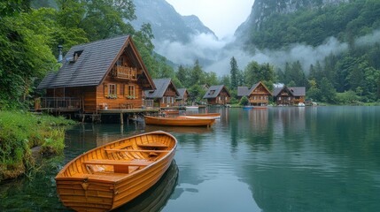 Naklejka premium Wooden lake houses nestled in a misty mountain valley
