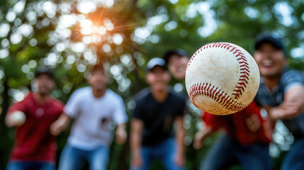Close up of baseball being thrown with players in background, capturing excitement