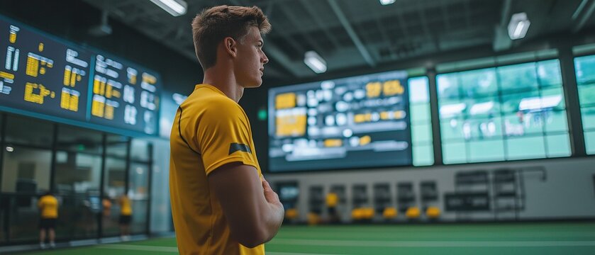 A man watches screens as he analyses performance statistics in a sports facility.